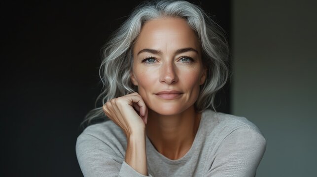 Elegant middle-aged woman with silver hair poses thoughtfully in a softly lit room during morning hours for a serene portrait