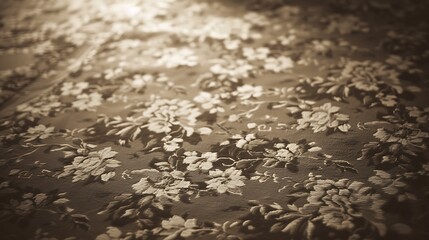 Elegant vintage floral tapestry with intricate embroidery patterns, featuring blooming flowers and vines on textured fabric in warm sepia tones, ideal for backgrounds, textile, and interior design the