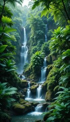 Lush Tropical Waterfalls Surrounded by Verdant Greenery and Foliage