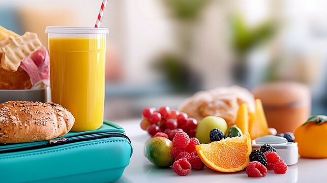 Healthy lunchbox with juice, fruits, pastries, and bread on a table. - Powered by Adobe