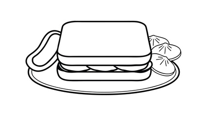 Outline Illustration Of Sandwich And Dumplings On Plate Simple Black And White Food Icon