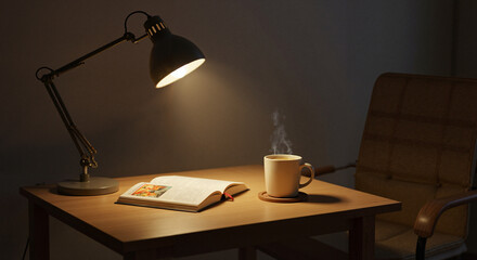 Cozy reading corner with a book and steaming coffee  