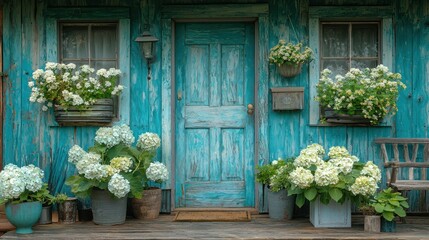 Charming Teal Cottage with Blooming Hydrangeas