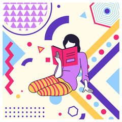 Creative geometric card. Cartoon young character. Casual woman reading book. Happy girl portrait. Abstract Memphis flat figures. Female relaxing with literature. Student studying. Vector banner design