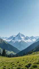 Majestic Snow-Capped Peak Surrounded by Lush Green Valleys
