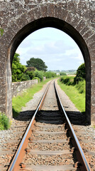 Obraz premium Train tracks disappearing through stone archway, rural Irish landscape, summer day, travel photography