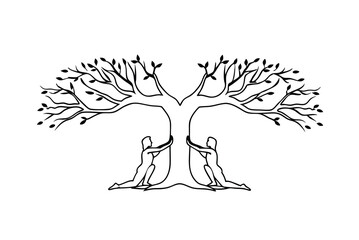 Line Art Illustration Of Intertwined Figures Embracing A Tree Symbolizing Growth
