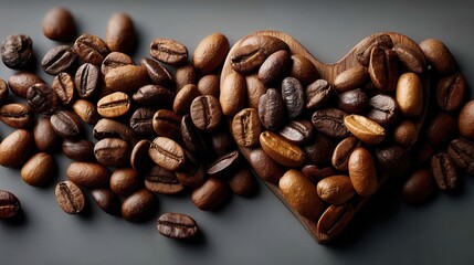 Aromatic coffee beans arranged in wooden heart shape on dark background
