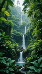 Serene Waterfalls Surrounded by Lush Green Tropical Foliage