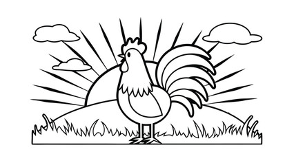 Rooster Crowing At Sunrise On A Hill Vector Illustration For Coloring Books And Educational Purposes