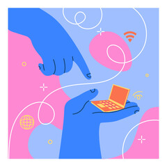 Doodle hand. Big cute arm holding tiny laptop. Online messenger. Social media communication. Giant fingers typing message. Computer connection. PC user. Internet technology. Abstract color vector card