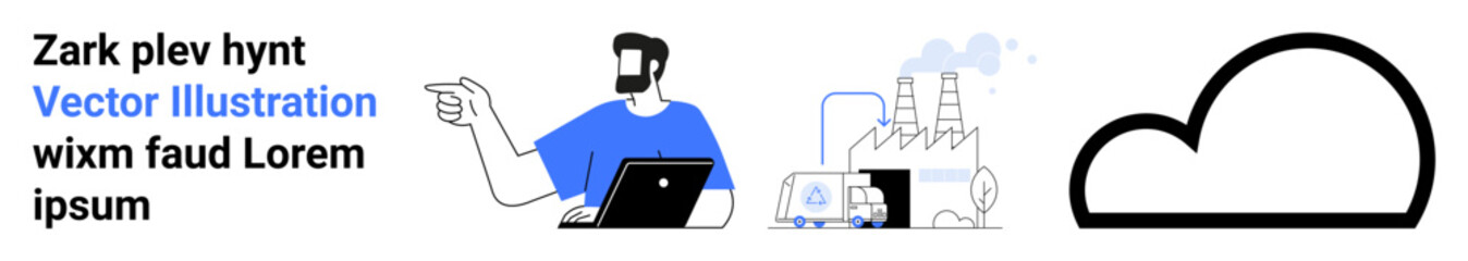 Man with laptop gesturing, illustrating cloud integration, industrial setup, and connectivity. Ideal for technology, teamwork, cloud computing, innovation, industry manufacturing flat landing page