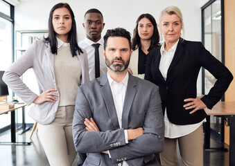 Business people, confident and diversity portrait in office, employees and proud of teamwork...