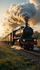 Fototapeta premium Vintage Steam Train Chugging Along Scenic Countryside at Sunset