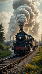 Fototapeta premium Vintage Steam Train Journey Through Scenic Countryside Landscape