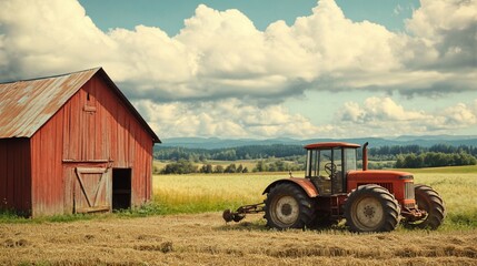Fototapeta premium Rustic farm scene with red barn and tractor under a cloudy sky landscape