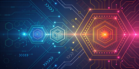 Futuristic Technology Interface with Digital Gears and Hexagonal Data Patterns