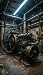 Naklejka premium Industrial Machine in Abandoned Factory with Metal Pipes and Details