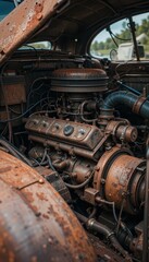 Vintage Rusty Car Engine in Classic Automobile Interior Showcase