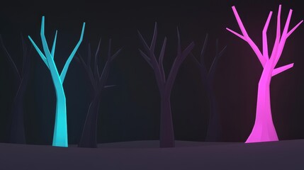 Abstract Forest Scene with Neon Trees in Dark Environment