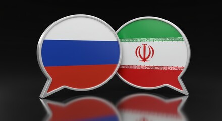 Obraz premium Diplomatic Discourse: Russia and Iran Flags in Overlapping Speech Bubbles