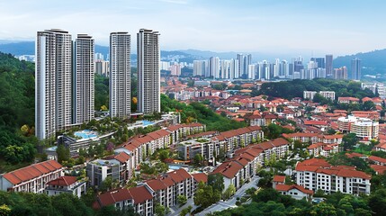 Naklejka premium Aerial view of modern high-rise buildings amidst lush greenery and suburban homes in a city