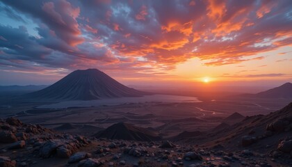 Majestic Volcano Under Colorful Sky at Sunset in Natural Landscape