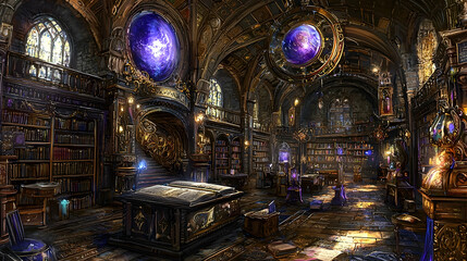 Obraz premium Grand library, magical orbs, arcane knowledge, fantasy interior, game concept art