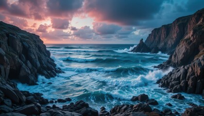 Obraz premium Dramatic Coastal Landscape with Waves and Cloudy Sky at Sunset