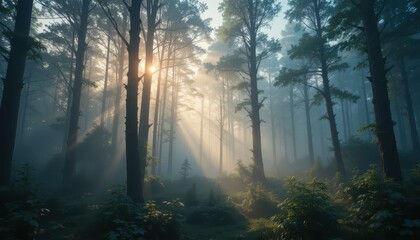 Obraz premium Ethereal Morning Light Breaking Through Misty Forest Trees