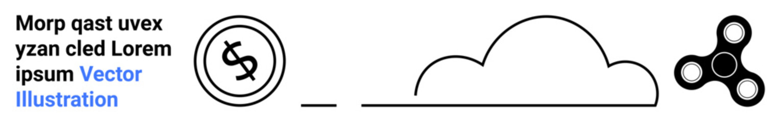 Dollar sign in a circle, curved cloud icon, and a fidget spinner with three arms. Ideal for finance, cloud computing, playfulness, minimalism, innovation, tech abstract line flat metaphor