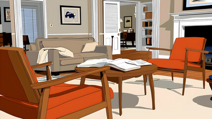Mid-century modern living room interior design; relaxing atmosphere; books on coffee table; background shows library and hallway