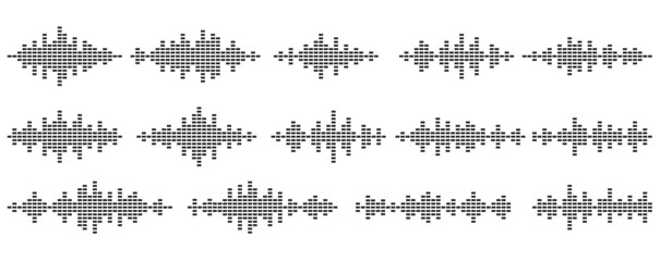 Sound voice waves. Musical audio equalizer wave impulse. Set of monochronic sound audio oscillations.