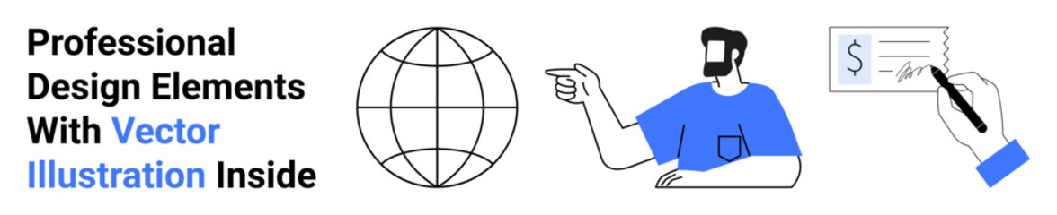 Globe, man pointing, hand writing on paper. Ideal for education, business, global communication, networking, finance, teamwork flat landing page banner