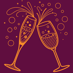 Golden champagne glasses and bubbles line art on black background featuring celebration theme with elegant continuous outline luxury beverage design