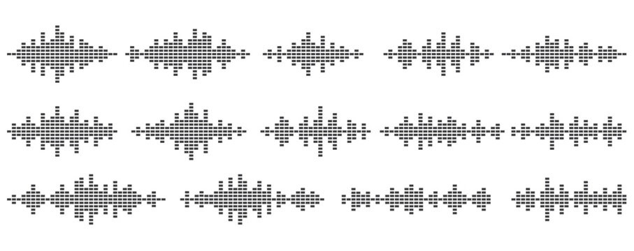 Sound voice waves. Musical audio equalizer wave impulse. Set of monochronic sound audio oscillations.