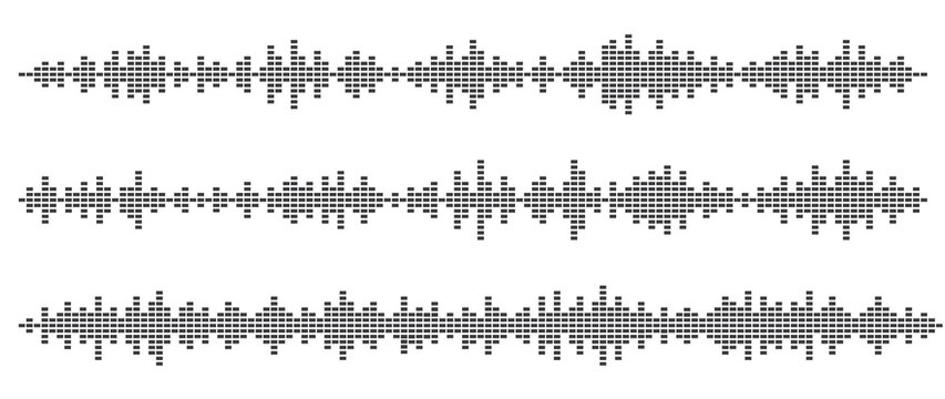 Sound voice waves. Musical audio equalizer wave impulse. Set of monochronic sound audio oscillations.