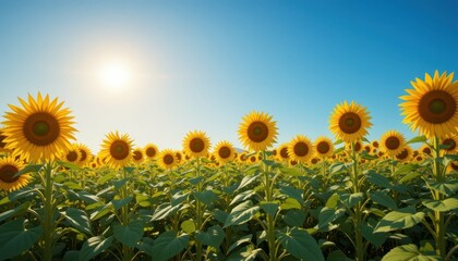 Obraz premium Bright Sunflowers Under a Clear Blue Sky at Golden Hour