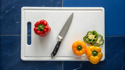 vibrant kitchen setup featuring knife and colorful bell peppers on cutting board, creating fresh and inviting atmosphere
