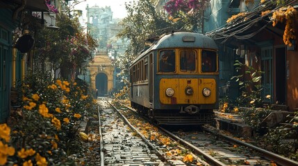 Fototapeta premium Vintage Train Journey Through a Flower-Lined Alley