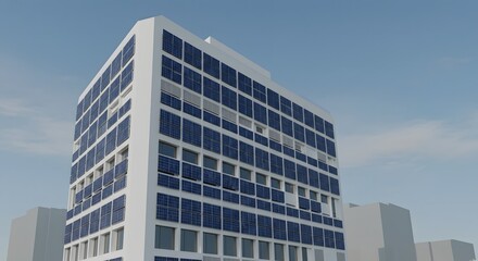 Obraz premium Solar Panel Clad Building with White Facade and Blue Sky