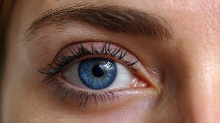 Close-up of a blue-eyed woman with a detailed focus on eyelashes and brow.