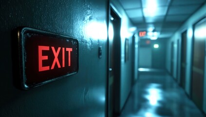 Eerie Exit Sign in a Long, Dark Corridor
