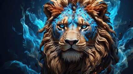 "Bold Geometric Lion Illustration with Vibrant Colors and Detailed Floral Patterns"