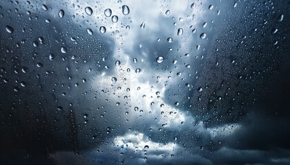 Close-up of raindrops on glass with dark stormy clouds in the background.