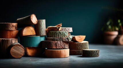 Rustic wooden log slices stacked against teal background