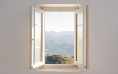 Fototapeta premium Serene Mountain View Through Open Window