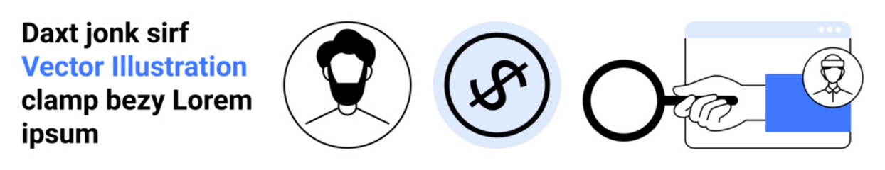 Profile avatar, dollar sign, magnifying glass, and hand exploring online user profile. Ideal for finance, security, authentication, technology, online services research simple landing page