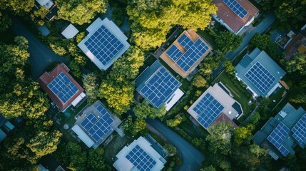 drone view of residential houses with photovoltaic solar panels. Alternative and Renewable energy concept. generative ai.