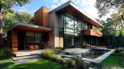 Fototapeta premium Modern house with natural materials and large windows